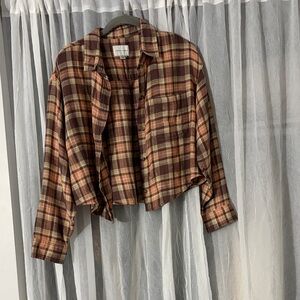 American Eagle Plaid Flannel Shacket in Brown, Rust & Yellow